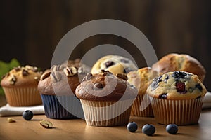 A display of freshly baked muffins with a variety of flavors served on a wooden tray. 